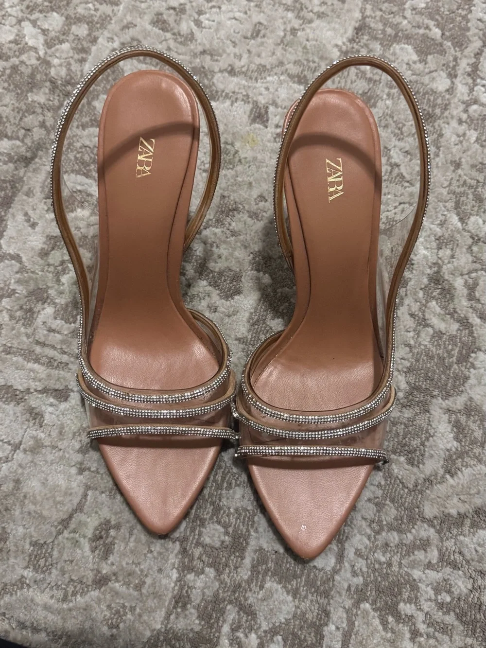 ZARA Rose Gold Pointed Slingback Heels with Crystal Straps